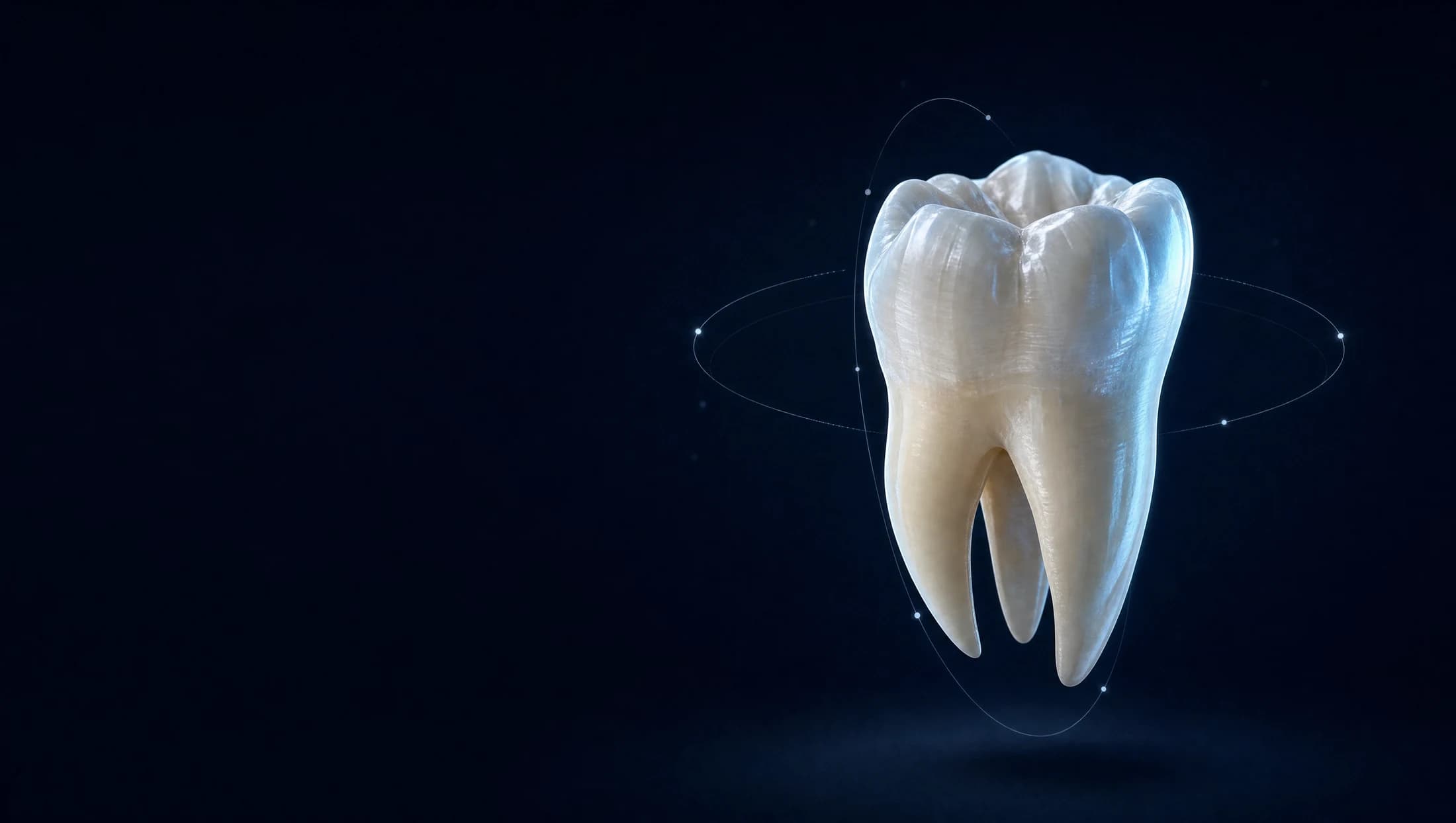 Representação artística de um dente em porcelana, envolvido por linhas de planejamento digital